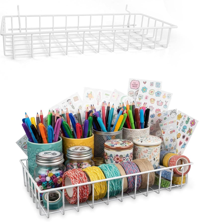 G.CORE Large Peg Board Baskets - 2 Pack Metal Shallow Tray Shelves for 1/4 Pegboards - Spray Bottle Holders Can Organizers for Garage Workbench Shop Hobby Craft Tool Organization (White) - Image 1